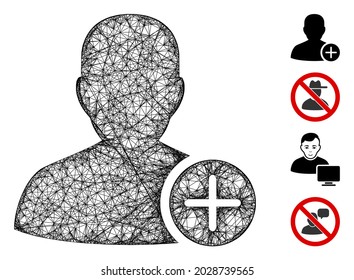 Mesh user add web 2d vector illustration. Model is based on user add flat icon. Network forms abstract user add flat model. Wire frame flat web network isolated on a white background.