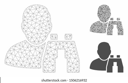 Mesh user binoculars search tool model with triangle mosaic icon. Wire frame polygonal mesh of user binoculars search tool. Vector mosaic of triangles in various sizes, and color shades.