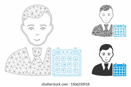 Mesh user calendar model with triangle mosaic icon. Wire carcass polygonal network of user calendar. Vector mosaic of triangle elements in variable sizes, and color shades.