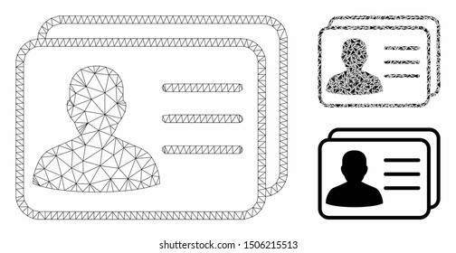Mesh user cards model with triangle mosaic icon. Wire frame polygonal mesh of user cards. Vector mosaic of triangle parts in variable sizes, and color tinges. Abstract 2d mesh user cards,