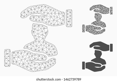 Mesh user care hands model with triangle mosaic icon. Wire frame triangular mesh of user care hands. Vector mosaic of triangle parts in variable sizes, and color tinges.