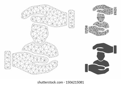 Mesh user care hands model with triangle mosaic icon. Wire carcass triangular mesh of user care hands. Vector mosaic of triangle elements in variable sizes, and color tints.