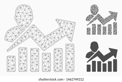 Mesh user chart model with triangle mosaic icon. Wire frame triangular mesh of user chart. Vector mosaic of triangle parts in various sizes, and color tints. Abstract flat mesh user chart,