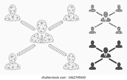 Mesh user connections model with triangle mosaic icon. Wire frame triangular mesh of user connections. Vector mosaic of triangle parts in various sizes, and color tints.