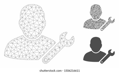 Mesh user customize wrench model with triangle mosaic icon. Wire frame triangular mesh of user customize wrench. Vector collage of triangle parts in different sizes, and color tones.