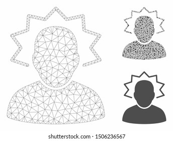 Mesh user emergency model with triangle mosaic icon. Wire carcass triangular mesh of user emergency. Vector mosaic of triangle elements in different sizes, and color hues.
