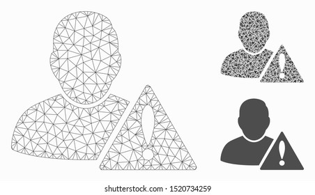 Mesh user error model with triangle mosaic icon. Wire carcass triangular mesh of user error. Vector collage of triangle parts in different sizes, and color tinges. Abstract flat mesh user error,