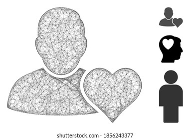 Mesh user favourites heart polygonal web icon vector illustration. Carcass model is based on user favourites heart flat icon. Triangle network forms abstract user favourites heart flat model.