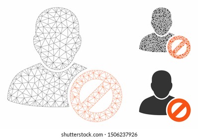 Mesh user forbidden model with triangle mosaic icon. Wire carcass polygonal network of user forbidden. Vector mosaic of triangle parts in variable sizes, and color tints.