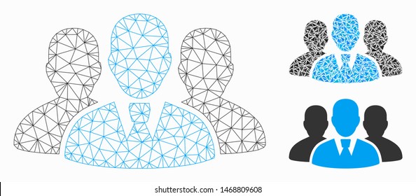 Mesh user group model with triangle mosaic icon. Wire carcass polygonal mesh of user group. Vector mosaic of triangle elements in different sizes, and color tones. Abstract flat mesh user group,