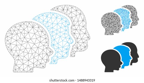 Mesh user group model with triangle mosaic icon. Wire frame triangular mesh of user group. Vector composition of triangle parts in different sizes, and color hues. Abstract 2d mesh user group,