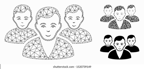 Mesh user group model with triangle mosaic icon. Wire carcass polygonal mesh of user group. Vector mosaic of triangle elements in various sizes, and color shades. Abstract flat mesh user group,