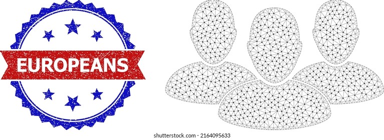 Mesh user group wireframe icon, and bicolor scratched Europeans seal. Mesh wireframe image based on user group pictogram. Vector imprint with Europeans title inside red ribbon and blue rosette,