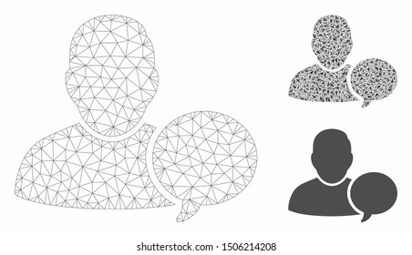 Mesh user hint balloon model with triangle mosaic icon. Wire frame triangular mesh of user hint balloon. Vector mosaic of triangle elements in various sizes, and color tints.