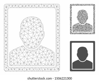 Mesh user image model with triangle mosaic icon. Wire frame polygonal mesh of user image. Vector mosaic of triangle elements in various sizes, and color shades. Abstract flat mesh user image,