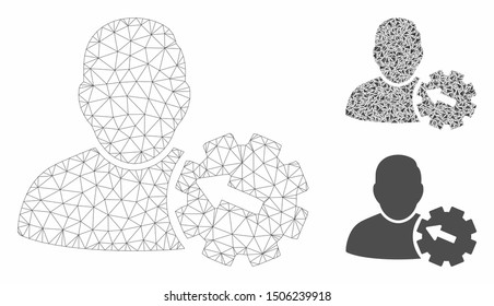 Mesh user integration gear model with triangle mosaic icon. Wire carcass triangular mesh of user integration gear. Vector mosaic of triangles in different sizes, and color tones.