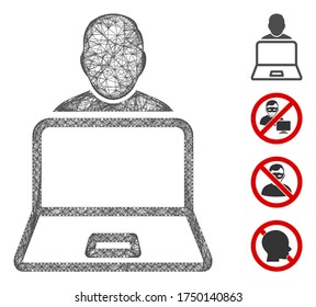 Mesh user laptop web icon vector illustration. Model is created from user laptop flat icon. Mesh forms abstract user laptop flat model. Wire frame flat web network isolated on a white background.
