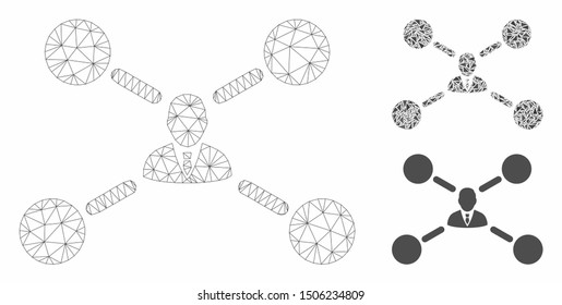 Mesh user links model with triangle mosaic icon. Wire carcass triangular mesh of user links. Vector mosaic of triangles in different sizes, and color tones. Abstract 2d mesh user links,