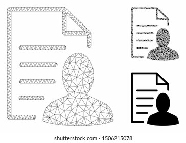 Mesh user list page model with triangle mosaic icon. Wire frame triangular mesh of user list page. Vector mosaic of triangle parts in various sizes, and color hues. Abstract 2d mesh user list page,