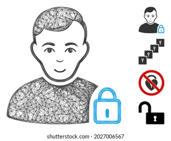 Ilustración vectorial del símbolo web de bloqueo de usuario de malla. El modelo se basa en el icono plano de bloqueo del usuario. Formularios de red modelo plano de bloqueo de usuario abstracto. red web plana wireframe aislada en un fondo blanco.