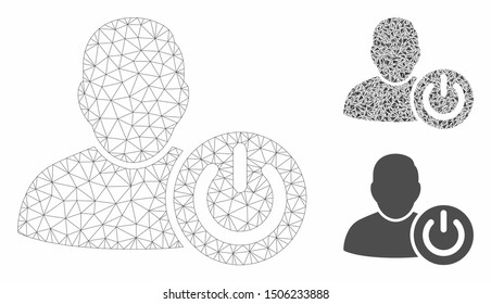 Mesh user log off model with triangle mosaic icon. Wire carcass triangular mesh of user log off. Vector mosaic of triangle parts in variable sizes, and color hues. Abstract flat mesh user log off,