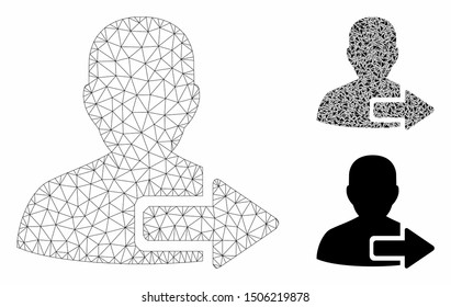 Mesh user logout arrow model with triangle mosaic icon. Wire frame triangular mesh of user logout arrow. Vector mosaic of triangle parts in variable sizes, and color tinges.