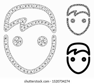 Mesh user model with triangle mosaic icon. Wire carcass triangular mesh of user. Vector mosaic of triangle parts in various sizes, and color tones. Abstract 2d mesh user, built from triangular grid.