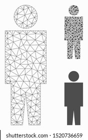 Mesh user model with triangle mosaic icon. Wire frame polygonal mesh of user. Vector mosaic of triangles in various sizes, and color tones. Abstract flat mesh user, created from triangles.