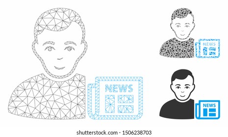 Mesh user news model with triangle mosaic icon. Wire carcass polygonal mesh of user news. Vector mosaic of triangle elements in various sizes, and color tints. Abstract 2d mesh user news,