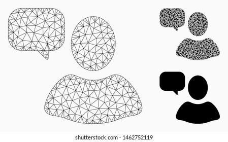 Mesh user opinion model with triangle mosaic icon. Wire frame polygonal network of user opinion. Vector collage of triangle elements in variable sizes, and color tints. Abstract 2d mesh user opinion,