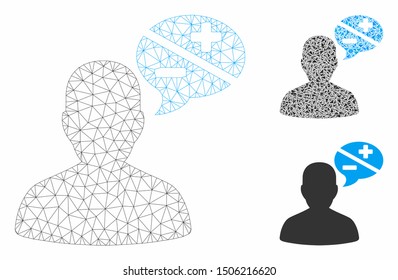 Mesh user opinion model with triangle mosaic icon. Wire carcass polygonal mesh of user opinion. Vector composition of triangles in variable sizes, and color tinges. Abstract flat mesh user opinion,