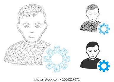 Mesh user options gear model with triangle mosaic icon. Wire carcass triangular mesh of user options gear. Vector mosaic of triangle elements in various sizes, and color tones.