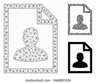 Mesh user page model with triangle mosaic icon. Wire frame polygonal mesh of user page. Vector collage of triangle elements in different sizes, and color tinges. Abstract 2d mesh user page,