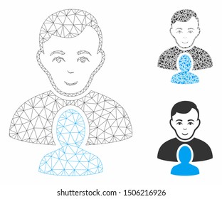 Mesh user partner model with triangle mosaic icon. Wire carcass triangular mesh of user partner. Vector mosaic of triangle parts in various sizes, and color tints. Abstract flat mesh user partner,