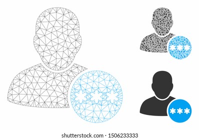 Mesh user password model with triangle mosaic icon. Wire carcass triangular mesh of user password. Vector mosaic of triangle elements in various sizes, and color tints.