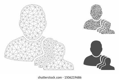 Mesh user pawns model with triangle mosaic icon. Wire carcass polygonal mesh of user pawns. Vector composition of triangle parts in various sizes, and color tinges. Abstract 2d mesh user pawns,