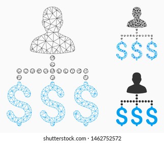 Mesh user payments model with triangle mosaic icon. Wire carcass triangular mesh of user payments. Vector composition of triangle elements in variable sizes, and color shades.