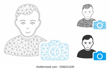 Mesh user photo model with triangle mosaic icon. Wire carcass triangular mesh of user photo. Vector mosaic of triangle parts in variable sizes, and color tinges. Abstract flat mesh user photo,
