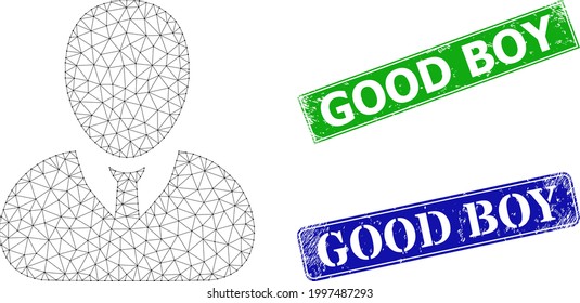 Mesh user profile image, and Good Boy blue and green rectangle scratched seals. Mesh carcass illustration is created from user profile pictogram. Seals include Good Boy title inside rectangle shape.