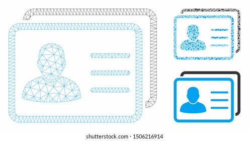 Mesh user profiles model with triangle mosaic icon. Wire frame triangular network of user profiles. Vector mosaic of triangle parts in different sizes, and color tints.