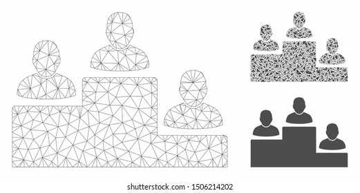 Mesh user rating levels model with triangle mosaic icon. Wire frame polygonal mesh of user rating levels. Vector mosaic of triangles in variable sizes, and color shades.
