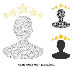 Mesh user rating model with triangle mosaic icon. Wire carcass triangular mesh of user rating. Vector mosaic of triangle elements in different sizes, and color tones. Abstract flat mesh user rating,