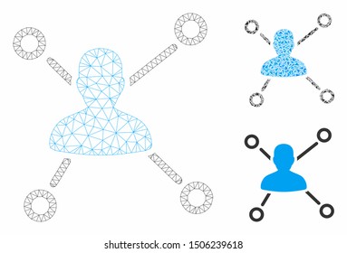 Mesh user relations model with triangle mosaic icon. Wire frame triangular network of user relations. Vector mosaic of triangle parts in variable sizes, and color tints.