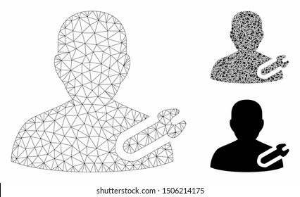Mesh user repair wrench model with triangle mosaic icon. Wire carcass triangular mesh of user repair wrench. Vector mosaic of triangle elements in various sizes, and color tints.