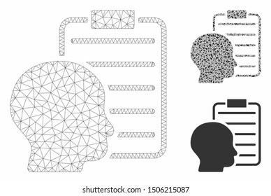 Mesh user report page model with triangle mosaic icon. Wire carcass polygonal mesh of user report page. Vector mosaic of triangle elements in different sizes, and color shades.