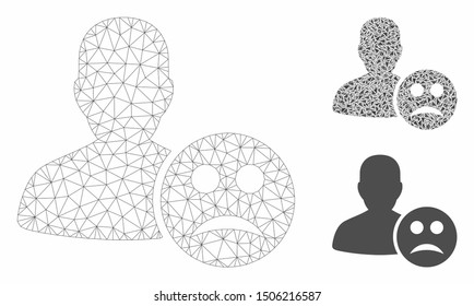 Mesh user sad smiley model with triangle mosaic icon. Wire carcass triangular network of user sad smiley. Vector mosaic of triangle parts in various sizes, and color tones.