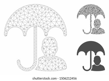 Mesh user safety umbrella model with triangle mosaic icon. Wire frame polygonal mesh of user safety umbrella. Vector mosaic of triangle elements in variable sizes, and color tints.