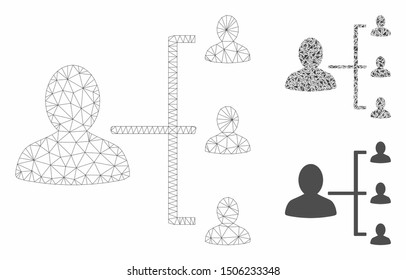 Mesh user scheme model with triangle mosaic icon. Wire frame triangular mesh of user scheme. Vector mosaic of triangles in different sizes, and color shades. Abstract 2d mesh user scheme,
