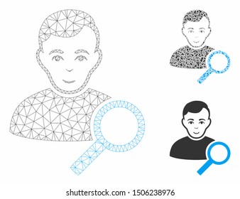 Mesh user search model with triangle mosaic icon. Wire carcass polygonal network of user search. Vector mosaic of triangle parts in variable sizes, and color shades. Abstract 2d mesh user search,