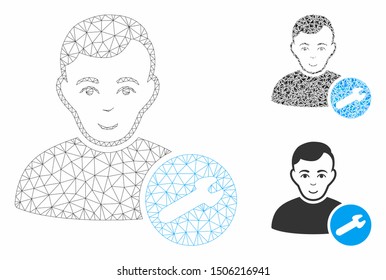 Mesh user settings wrench model with triangle mosaic icon. Wire carcass triangular mesh of user settings wrench. Vector collage of triangles in various sizes, and color hues.